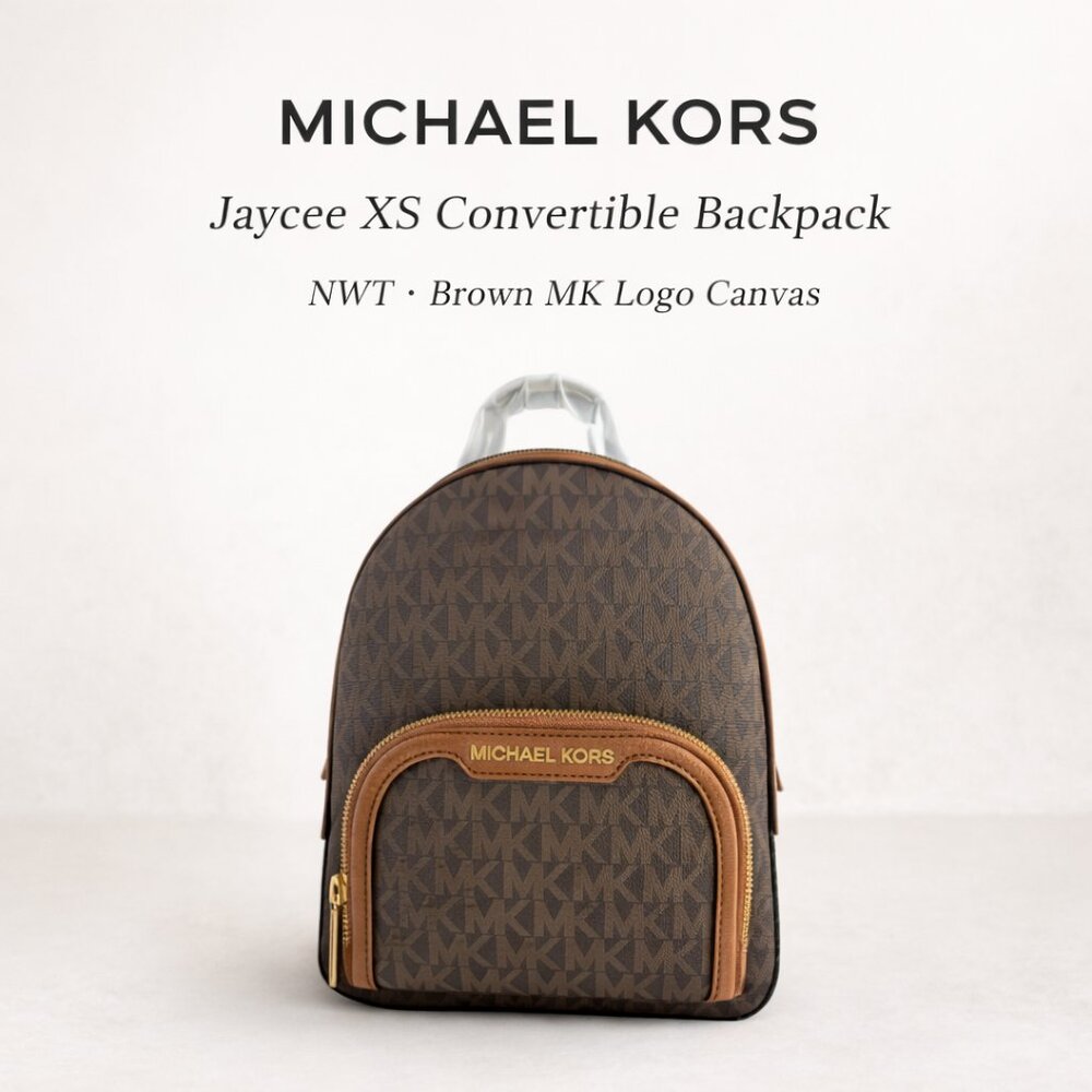 NWT Michael Kors Jaycee XS Brown MK Logo Convertible Zip Pocket Backpack